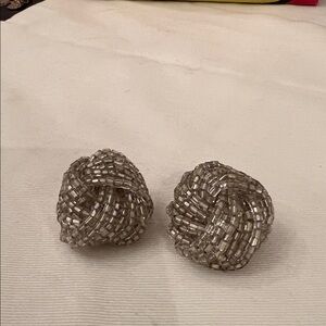 Cameo Vintage Silver Tone Glass Beaded Knot Earrings Clip On Mid Century